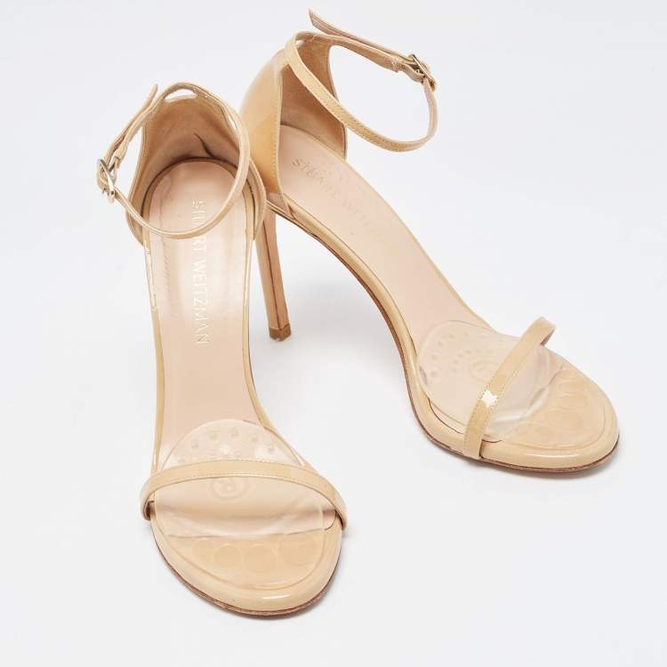 Pre Owned Stuart Weitzman Beige Patent Leather Nudist Sandals Size 38.5