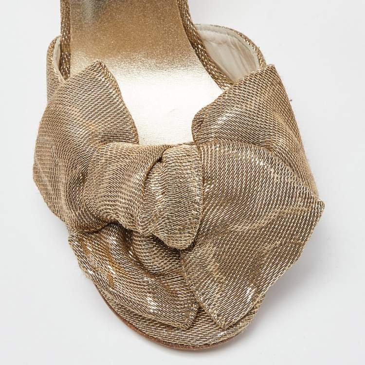 Pre Owned Stuart Weitzman Gold Glitter Fabric Bow Open Toe D'orsay Pumps Size 36.5