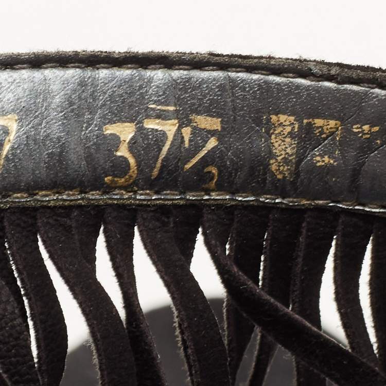 Pre Owned Stuart Weitzman Black Suede Love Fringe Ankle Strap Sandals Size 37.5