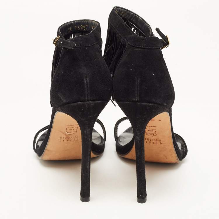 Pre Owned Stuart Weitzman Black Suede Love Fringe Ankle Strap Sandals Size 37.5