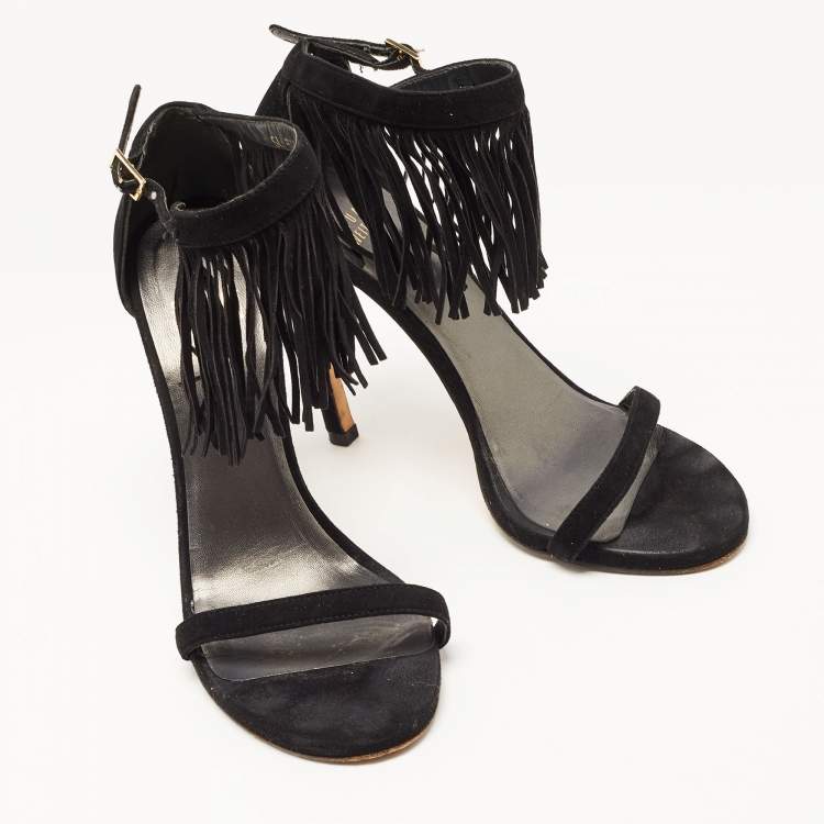 Pre Owned Stuart Weitzman Black Suede Love Fringe Ankle Strap Sandals Size 37.5