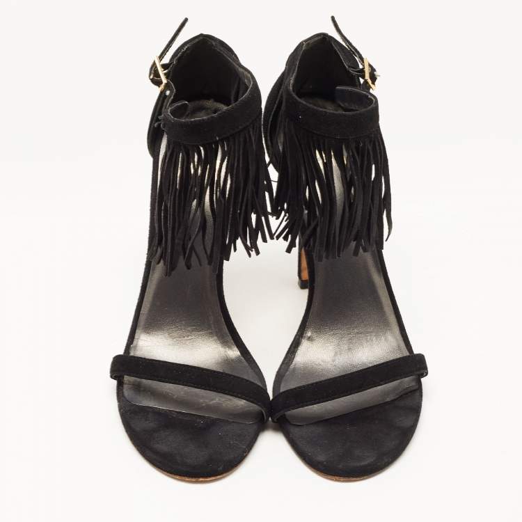 Pre Owned Stuart Weitzman Black Suede Love Fringe Ankle Strap Sandals Size 37.5