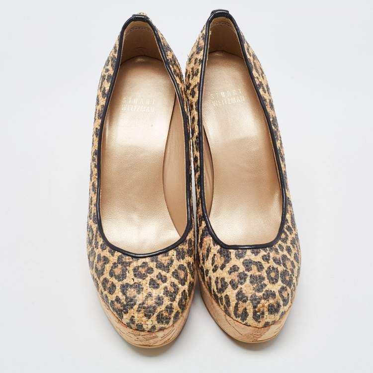 Pre Owned Stuart Weitzman Brown/Beige Raffia Cork Wedge Pumps Size 37.5