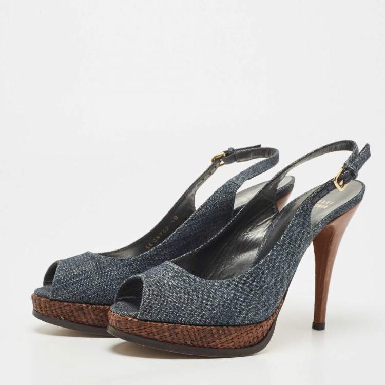 Pre Owned Stuart Weitzman Blue Denim Peep Toe Platform Slingback Sandals Size 40