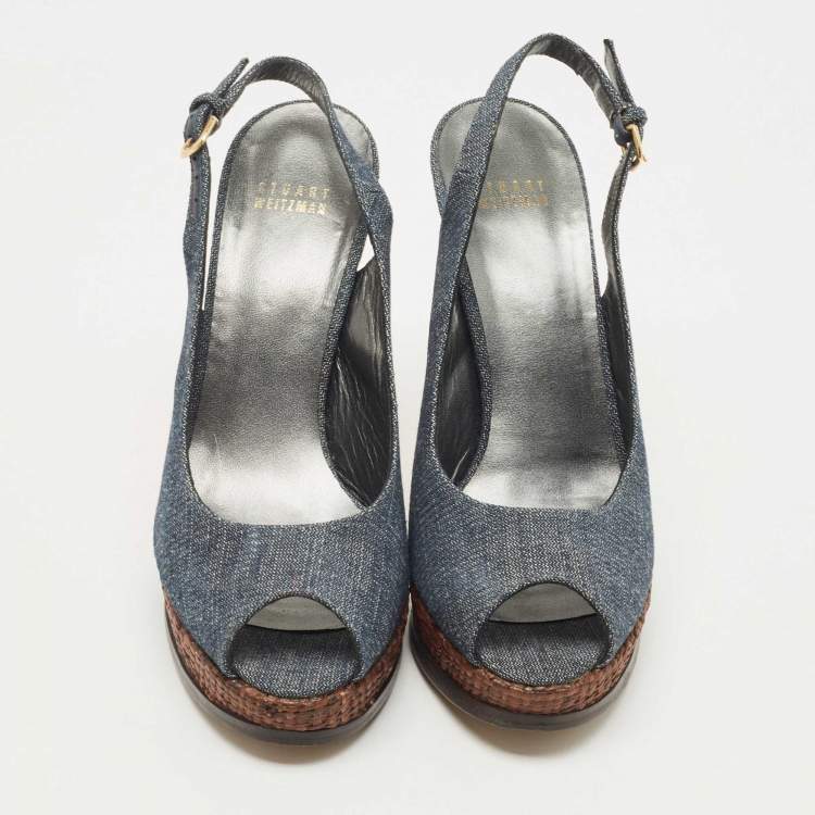 Pre Owned Stuart Weitzman Blue Denim Peep Toe Platform Slingback Sandals Size 40