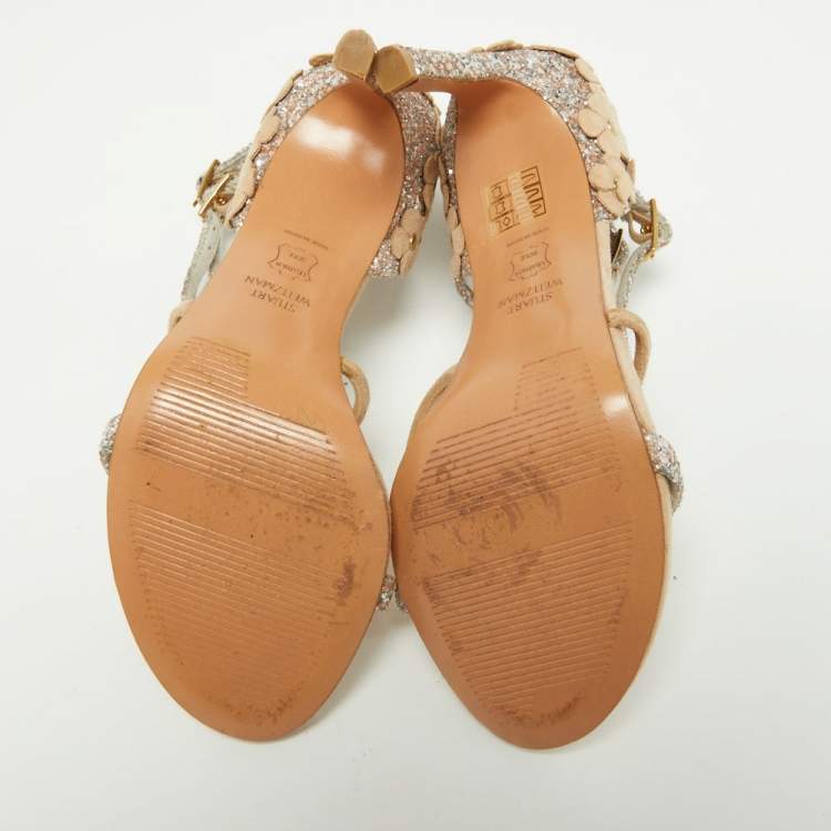 Pre Owned Stuart Weitzman Beige Suede and Alcantara Ankle Strap Sandals Size 36
