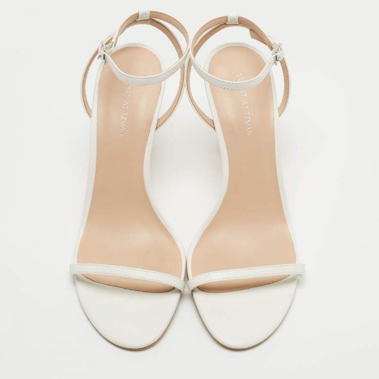 Pre Owned Stuart Weitzman White Leather Nudist Ankle Strap Sandals Size 39