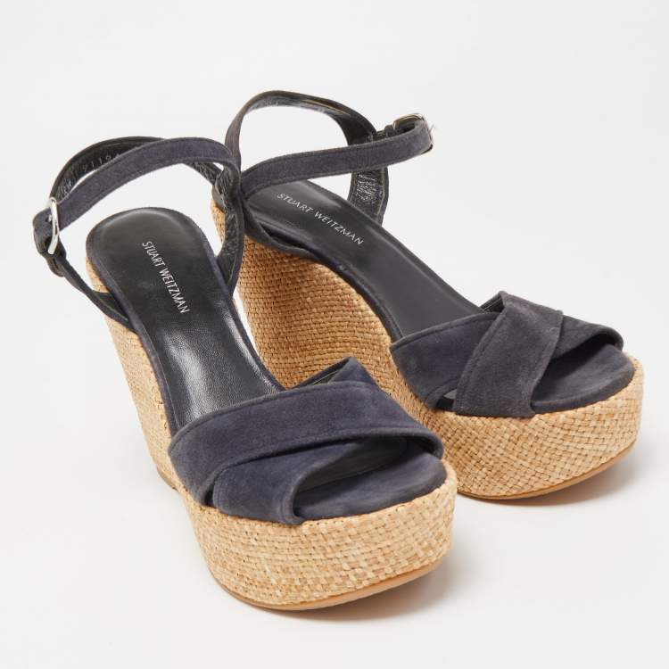 Pre Owned Stuart Weitzman Blue Suede Cross Strap Wedge Sandals Size 37.5