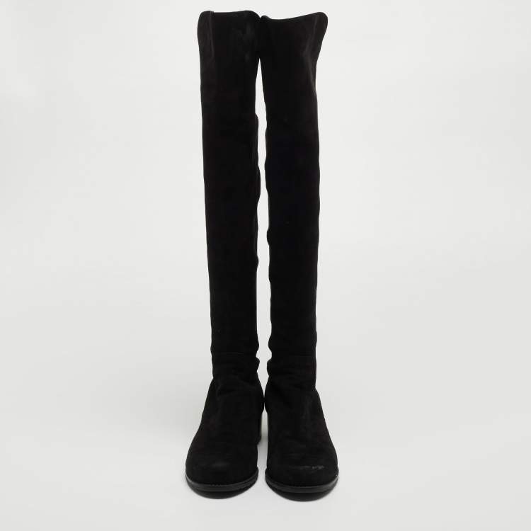 Pre Owned Stuart Weitzman Black Suede and Fabric Knee Length Boots Size 36.5