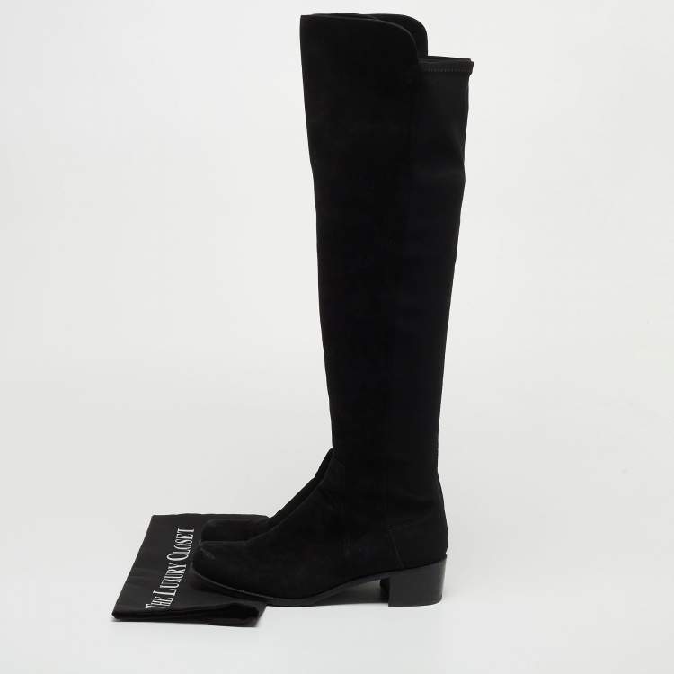 Pre Owned Stuart Weitzman Black Suede and Fabric Knee Length Boots Size 36.5