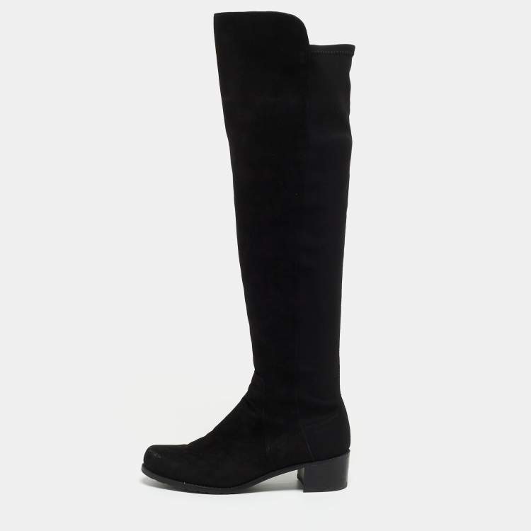 Pre Owned Stuart Weitzman Black Suede and Fabric Knee Length Boots Size 36.5