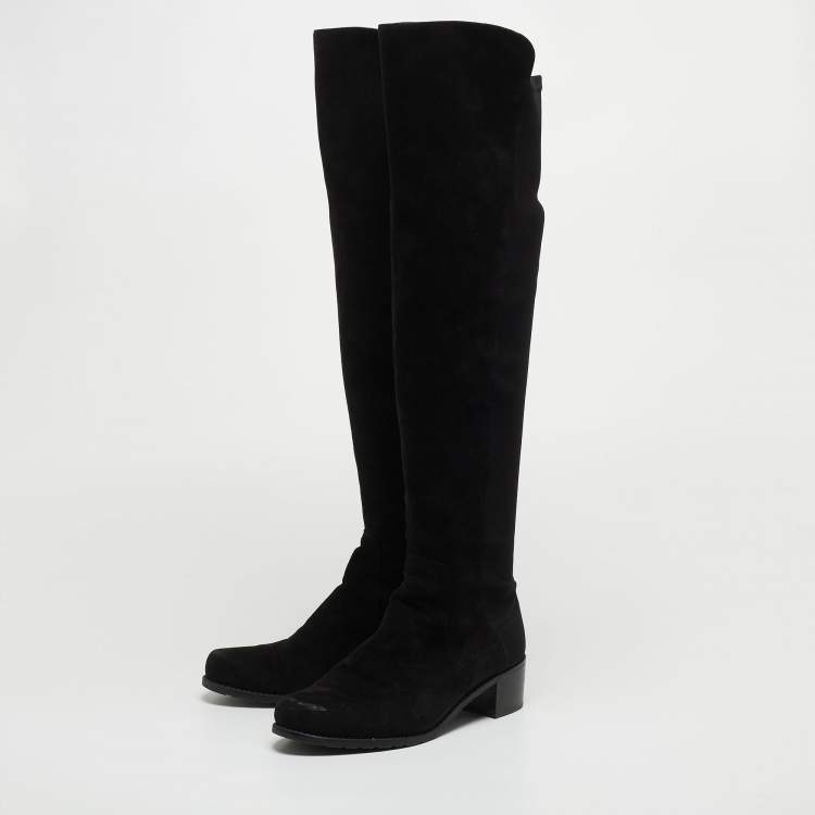 Pre Owned Stuart Weitzman Black Suede and Fabric Knee Length Boots Size 36.5