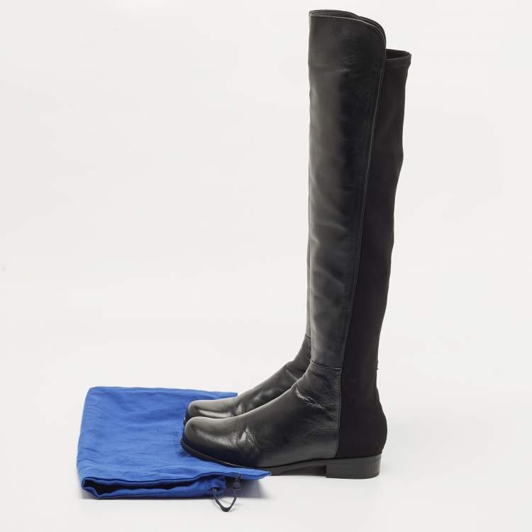 Pre Owned Stuart Weitzman Black Leather And Stretch Fabric Knee Length Boots Size 37