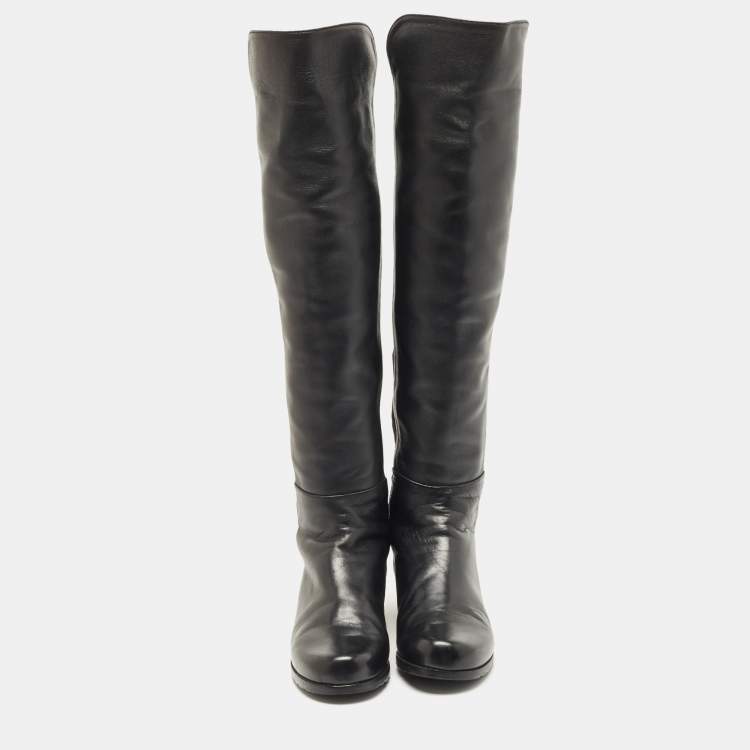 Pre Owned Stuart Weitzman Black Leather And Stretch Fabric Knee Length Boots Size 37