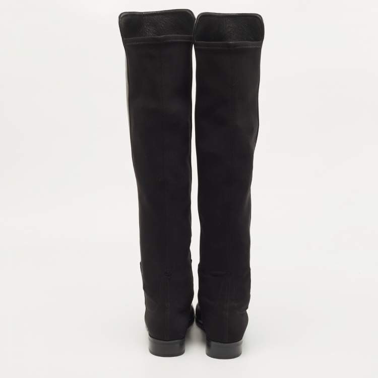 Pre Owned Stuart Weitzman Black Leather And Stretch Fabric Knee Length Boots Size 37