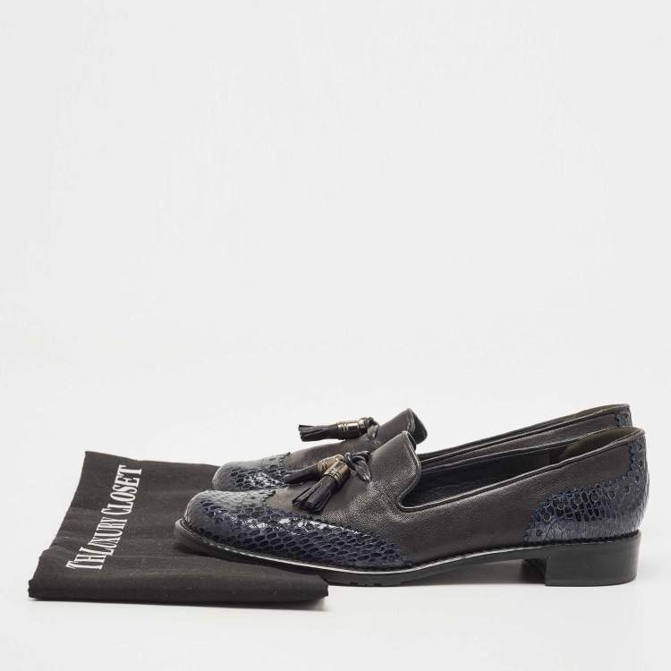 Pre Owned Stuart Weitzman Grey/Black Python embossed and Leather Tassel Loafers  Size 37
