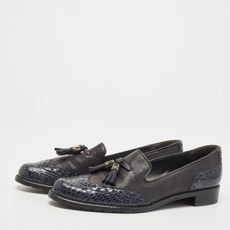 Pre Owned Stuart Weitzman Grey/Black Python embossed and Leather Tassel Loafers  Size 37