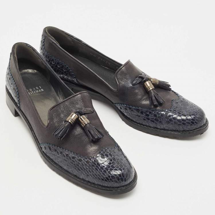 Pre Owned Stuart Weitzman Grey/Black Python embossed and Leather Tassel Loafers  Size 37