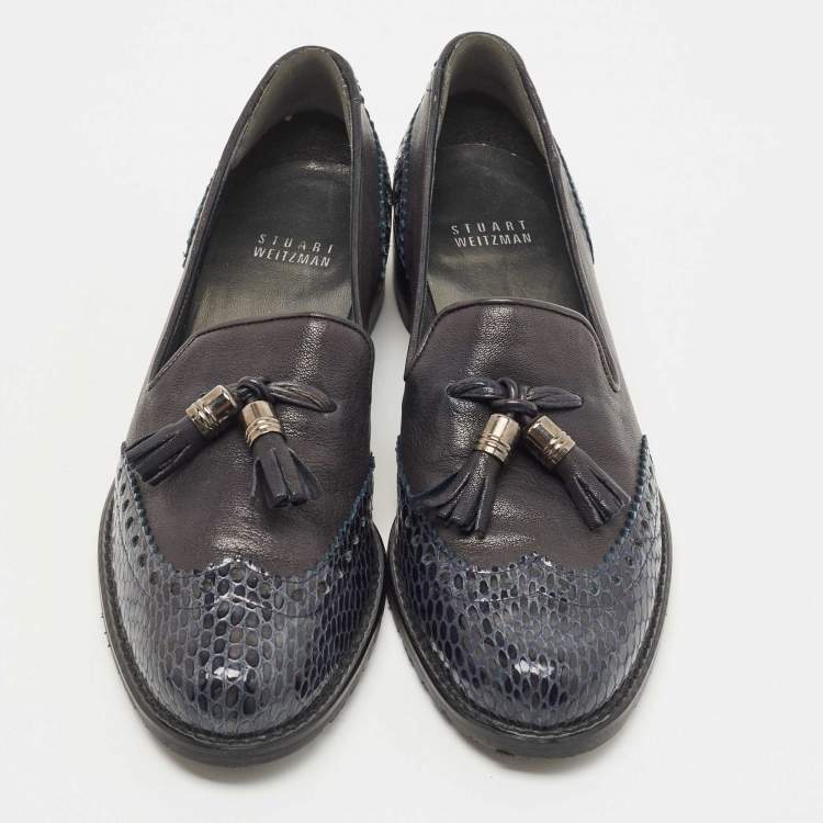 Pre Owned Stuart Weitzman Grey/Black Python embossed and Leather Tassel Loafers  Size 37