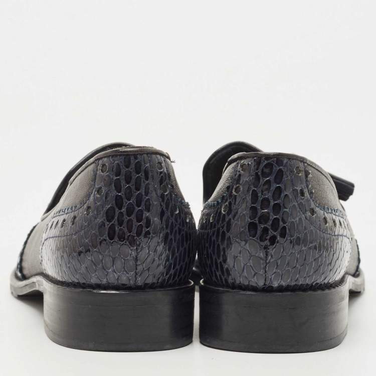 Pre Owned Stuart Weitzman Grey/Black Python embossed and Leather Tassel Loafers  Size 37