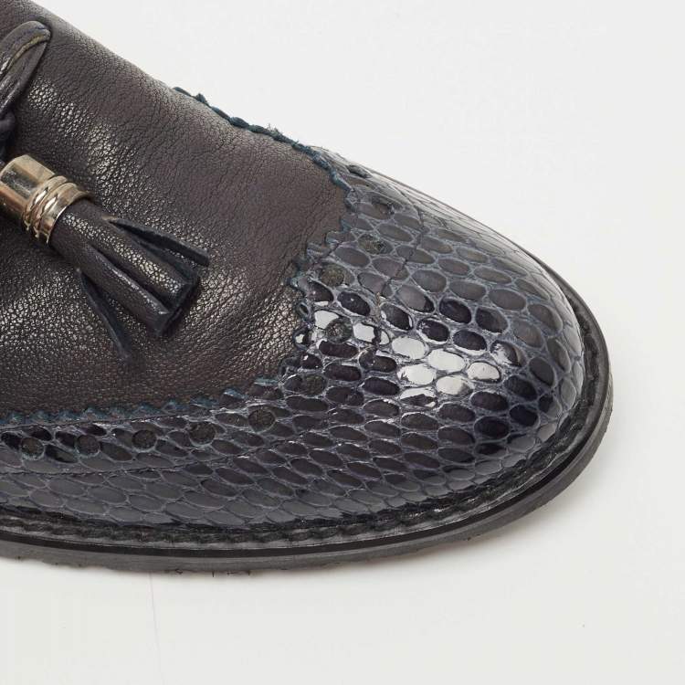 Pre Owned Stuart Weitzman Grey/Black Python embossed and Leather Tassel Loafers  Size 37