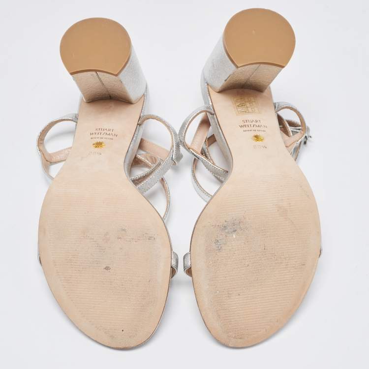 Pre Owned Stuart Weitzman Silver Leather Ankle Wrap Sandals Size 38.5