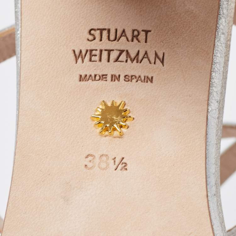 Pre Owned Stuart Weitzman Silver Leather Ankle Wrap Sandals Size 38.5