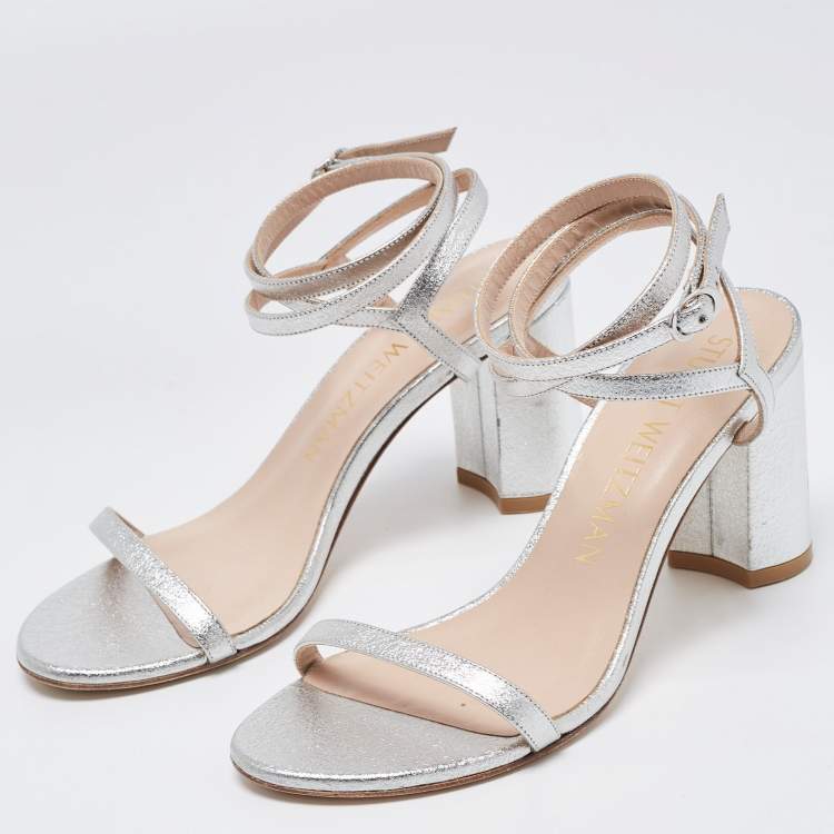 Pre Owned Stuart Weitzman Silver Leather Ankle Wrap Sandals Size 38.5