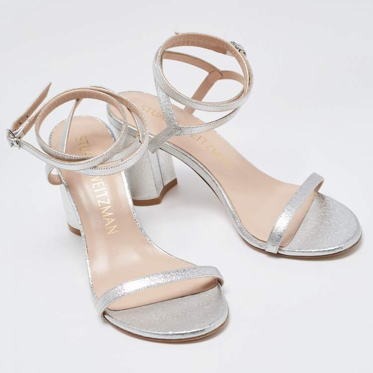 Pre Owned Stuart Weitzman Silver Leather Ankle Wrap Sandals Size 38.5