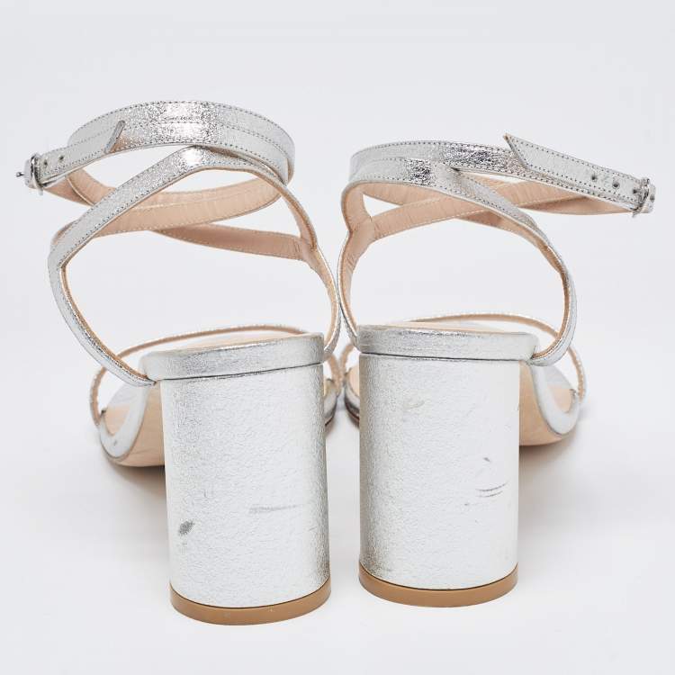 Pre Owned Stuart Weitzman Silver Leather Ankle Wrap Sandals Size 38.5