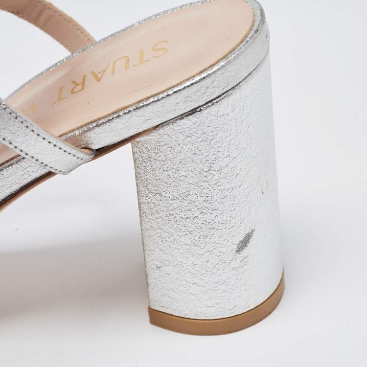 Pre Owned Stuart Weitzman Silver Leather Ankle Wrap Sandals Size 38.5