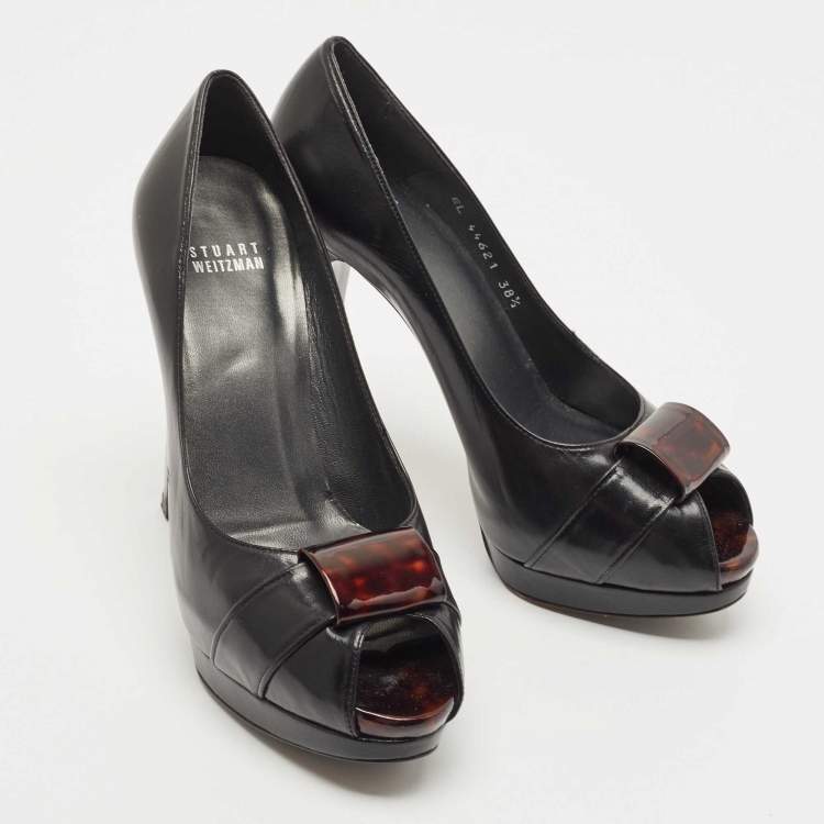 Pre Owned Stuart Weitzman Black Leather Peep Toe Platform Pumps Size 38.5