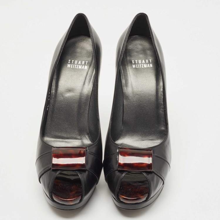 Pre Owned Stuart Weitzman Black Leather Peep Toe Platform Pumps Size 38.5