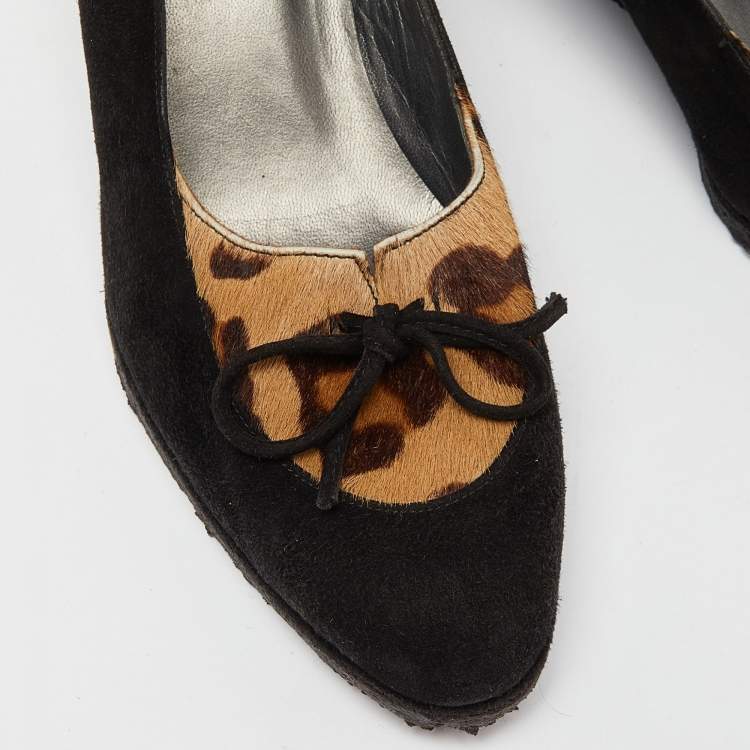 Pre Owned Stuart Weitzman Black/Brown Suede and Calf Hair Wedge Pumps Size 40