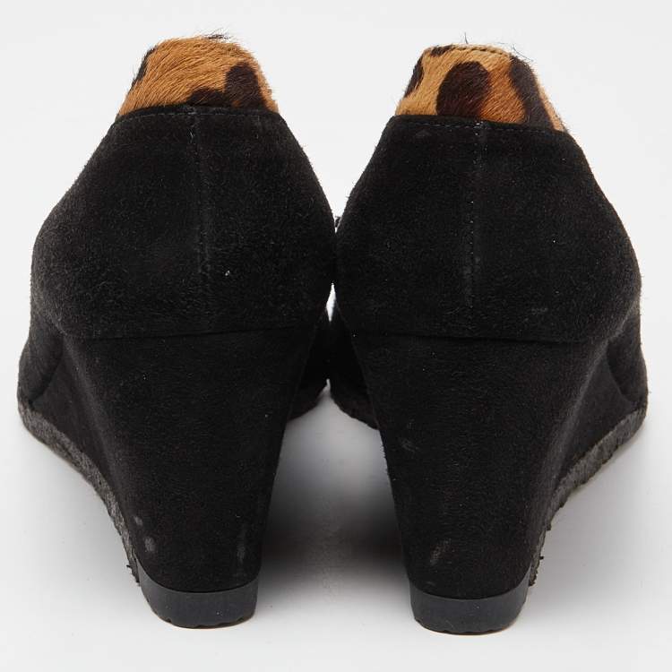 Pre Owned Stuart Weitzman Black/Brown Suede and Calf Hair Wedge Pumps Size 40