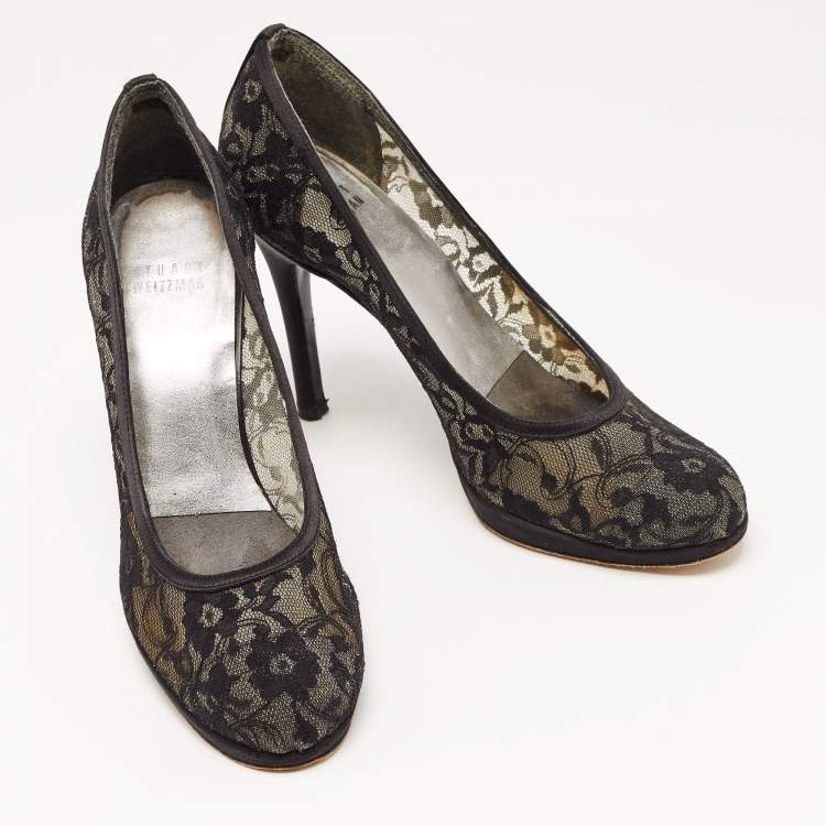 Pre Owned Stuart Weitzman Black Lace Round Toe Platform Pumps Size 38.5