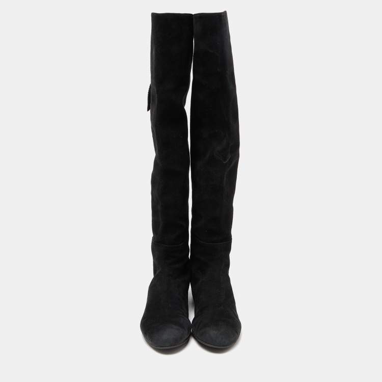 Pre Owned Stuart Weitzman Black Suede Knee Length Boots Size 37.5