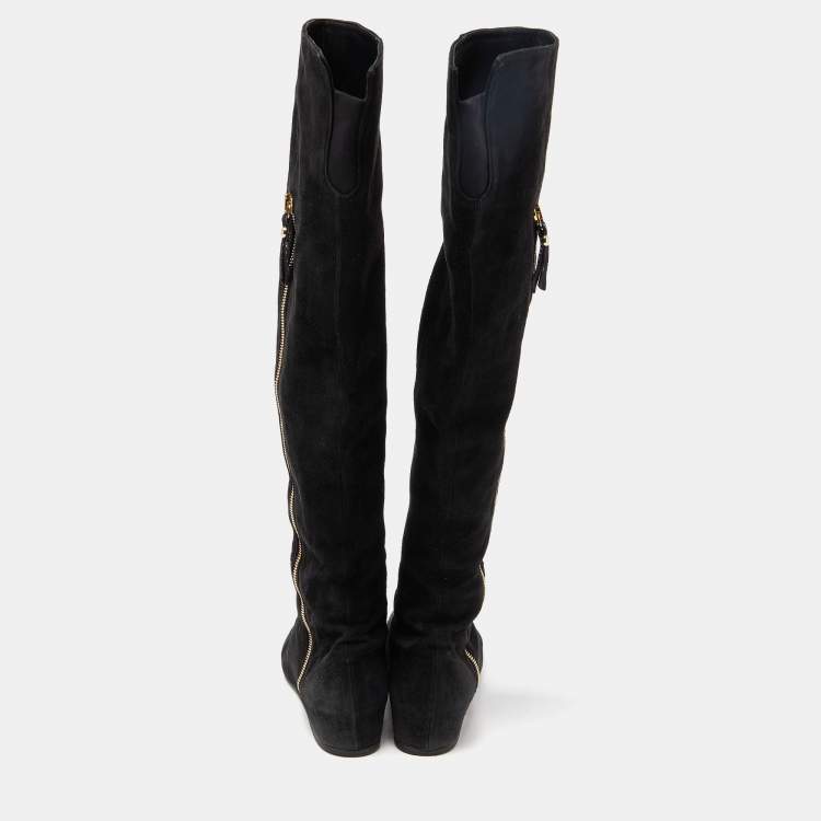 Pre Owned Stuart Weitzman Black Suede Knee Length Boots Size 37.5