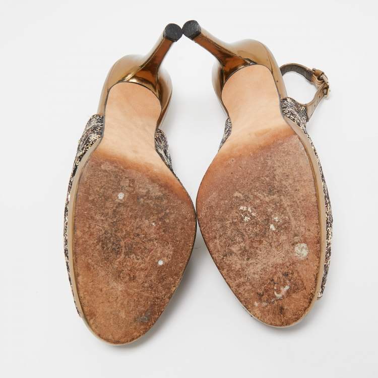 Pre Owned Stuart Weitzman Metallic Animal Print Sequins Platform Slingback Sandals Size 39.5