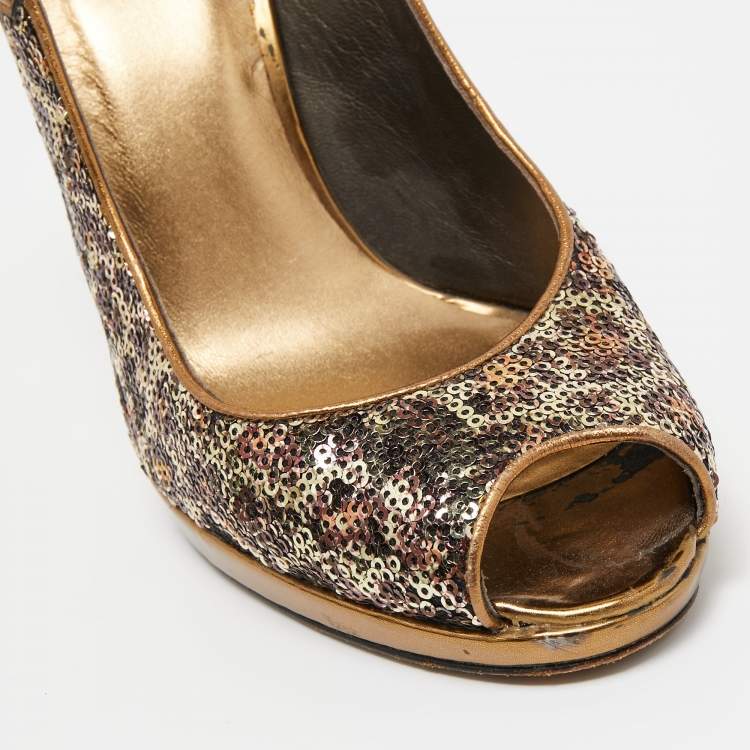 Pre Owned Stuart Weitzman Metallic Animal Print Sequins Platform Slingback Sandals Size 39.5