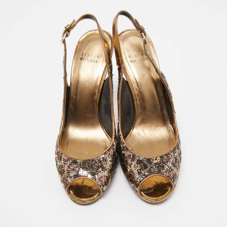Pre Owned Stuart Weitzman Metallic Animal Print Sequins Platform Slingback Sandals Size 39.5