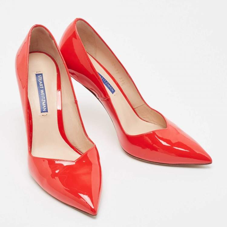 Pre Owned Stuart Weitzman Red Patent Leather Anny Pointed Toe Pumps Size 37.5