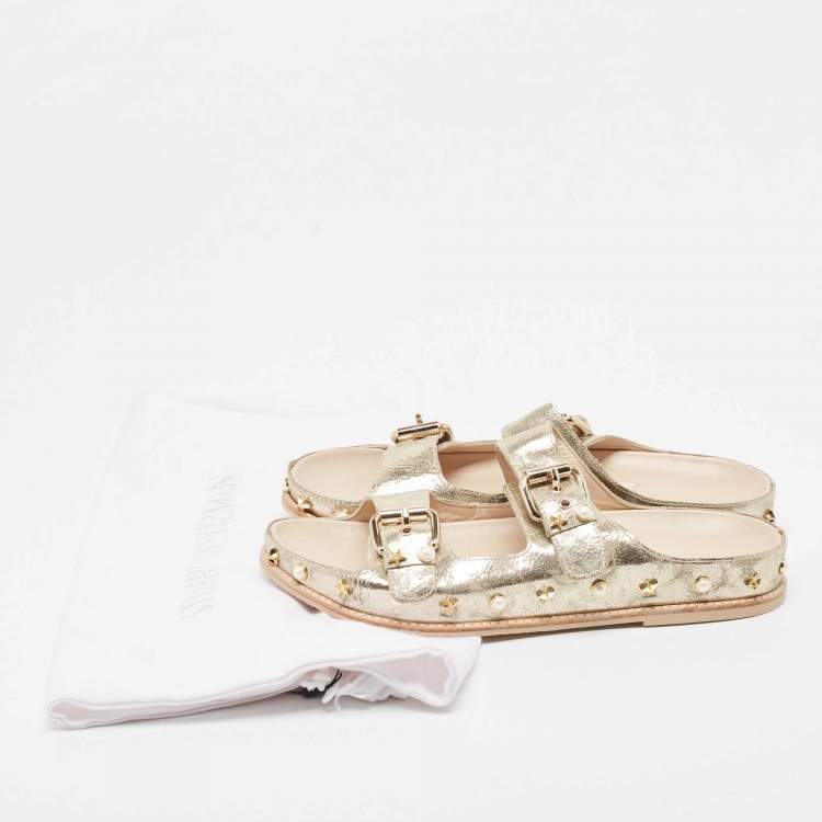 Pre Owned Stuart Weitzman Gold Leather Embellished Slides Size 41