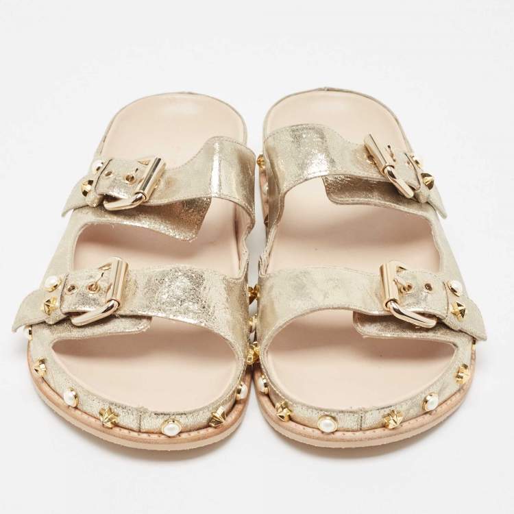 Pre Owned Stuart Weitzman Gold Leather Embellished Slides Size 41