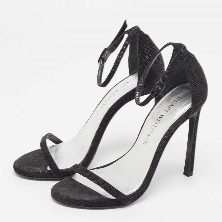Pre Owned Stuart Weitzman Black Textured Suede Open Toe Ankle Strap Sandals Size 35.5