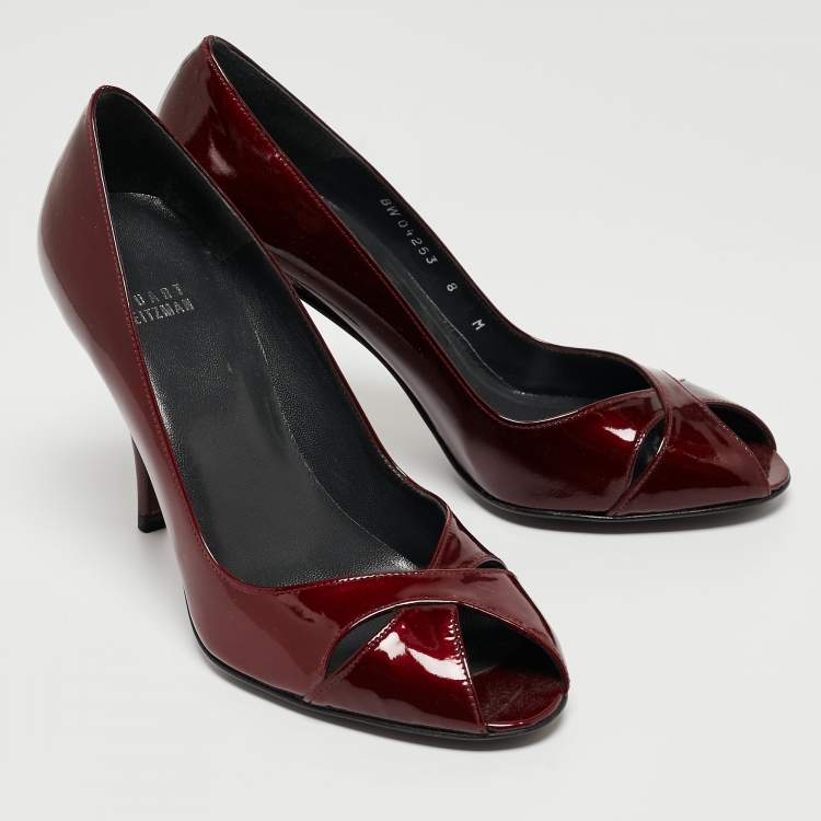 Pre Owned Stuart Weitzman Burgundy Patent Leather Peep Toe Pumps Size 38.5