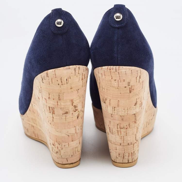 Pre Owned Stuart Weitzman Navy Blue Suede Corkswoon Wedge Pumps Size 37