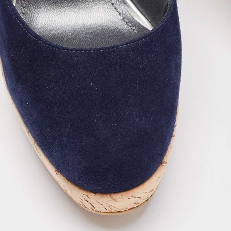 Pre Owned Stuart Weitzman Navy Blue Suede Corkswoon Wedge Pumps Size 37