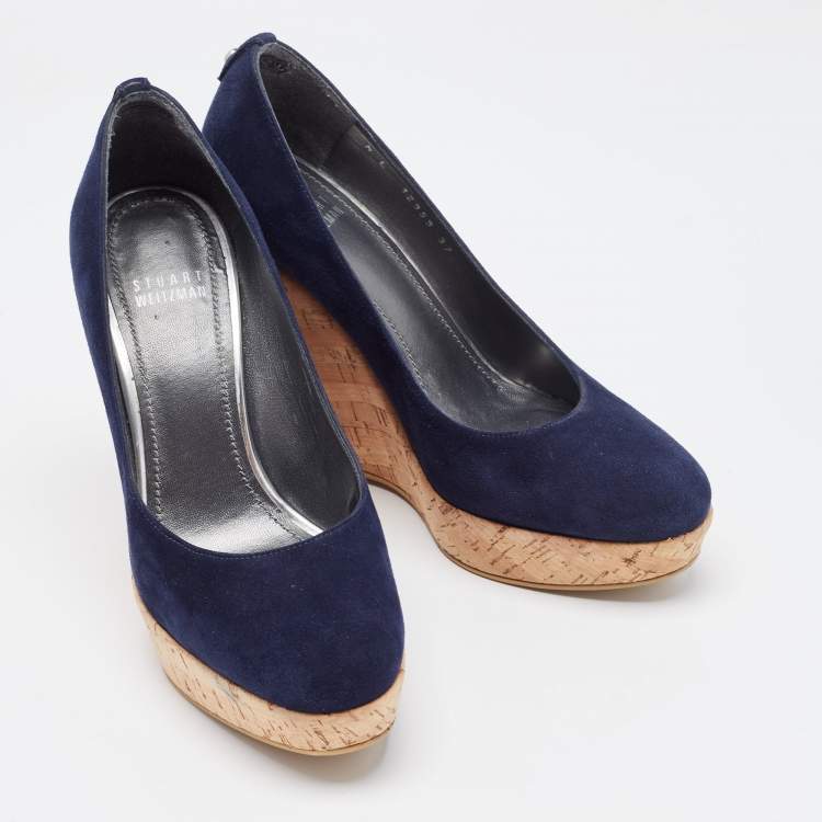 Pre Owned Stuart Weitzman Navy Blue Suede Corkswoon Wedge Pumps Size 37