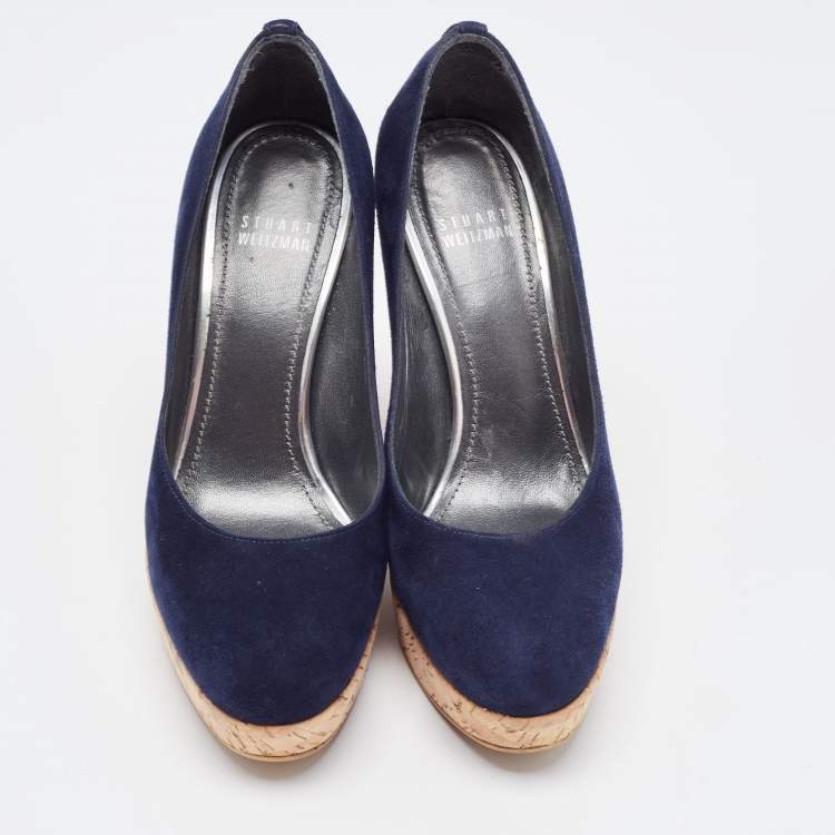 Pre Owned Stuart Weitzman Navy Blue Suede Corkswoon Wedge Pumps Size 37
